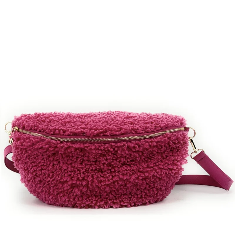 Grand sac banane en cuir et peluche LOU PILOU L Framboise