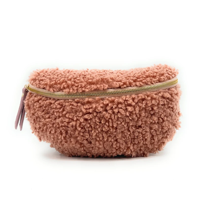 Sac banane en cuir et peluche LOU PILOU Rose poudre