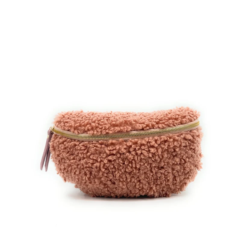 Sac banane en cuir et peluche LOU PILOU Rose poudre