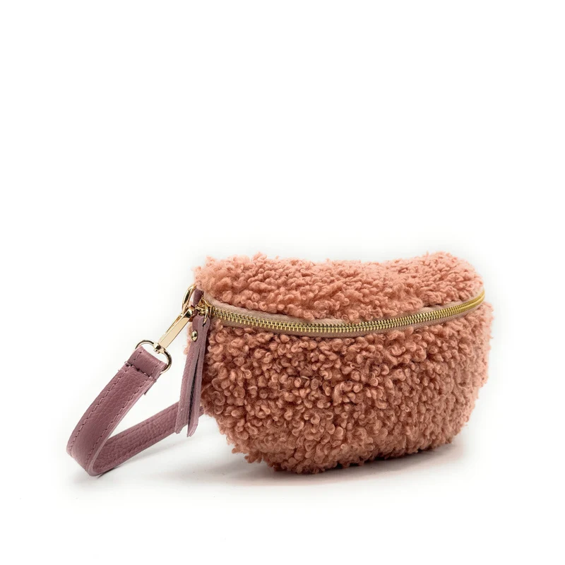 Sac banane en cuir et peluche LOU PILOU Rose poudre