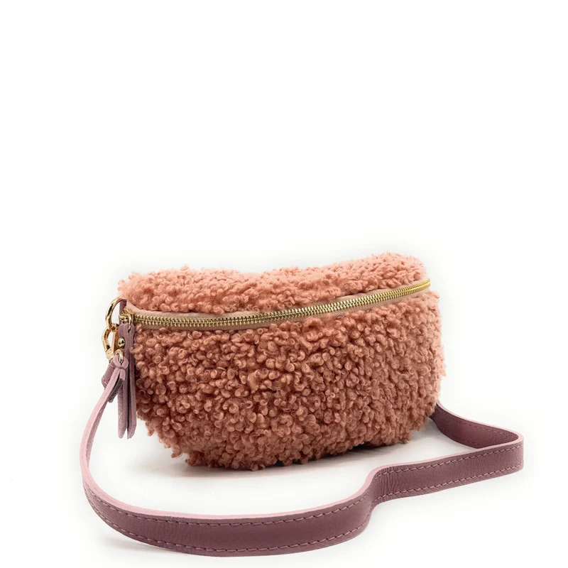Sac banane en cuir et peluche LOU PILOU Rose poudre