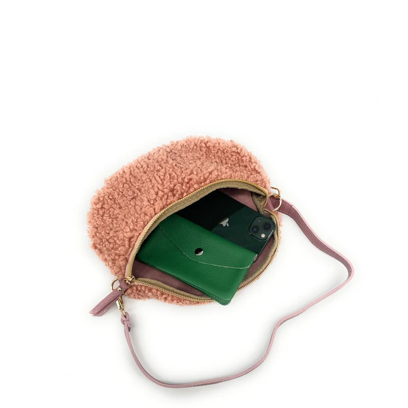 Sac banane en cuir et peluche LOU PILOU Rose poudre