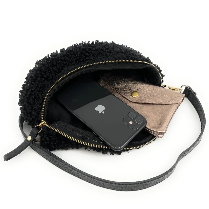 Sac banane en cuir et peluche LOU PILOU Noir