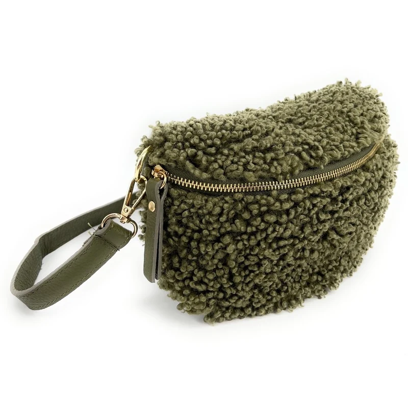 Sac banane en cuir et peluche LOU PILOU Kaki