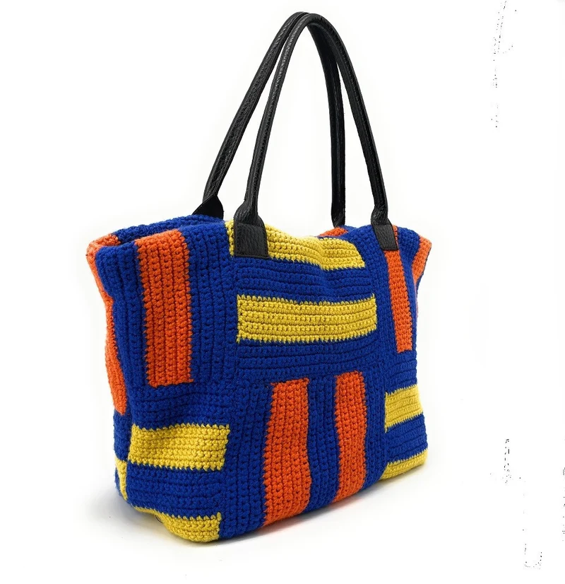 Sac à main cabas en coton et cuir NEEDLE Bleu