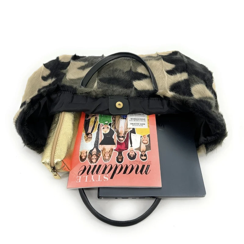 Sac cabas shopping XL en fausse fourrure et cuir TABBY Camouflage
