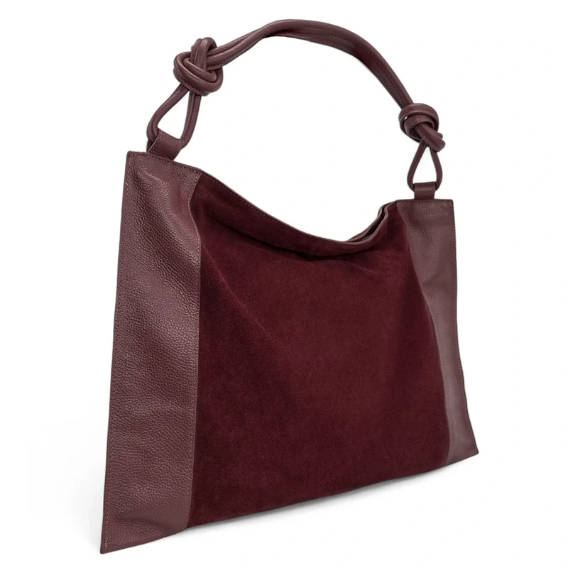 Grand sac porté épaule en daim et cuir grainé KNOT Bordeaux