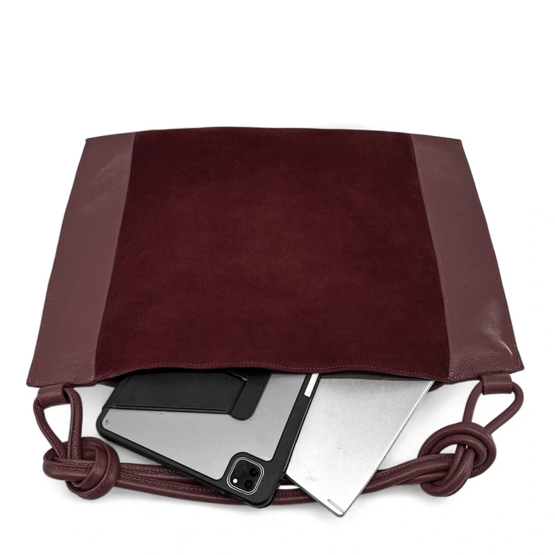 Grand sac porté épaule en daim et cuir grainé KNOT Bordeaux