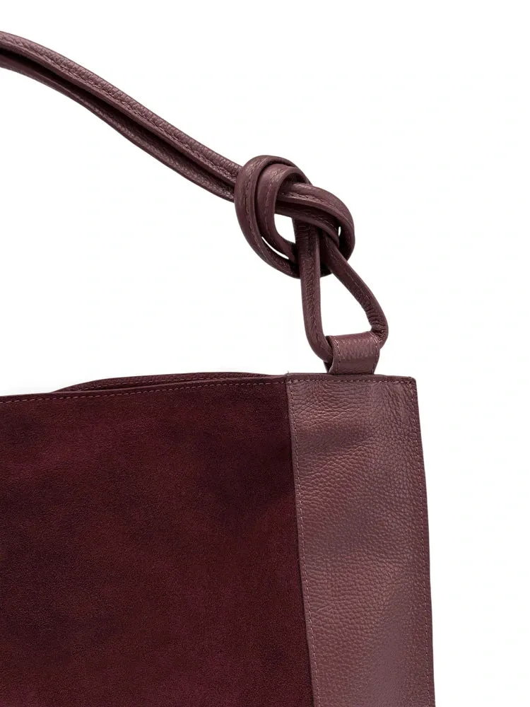 Grand sac porté épaule en daim et cuir grainé KNOT Bordeaux