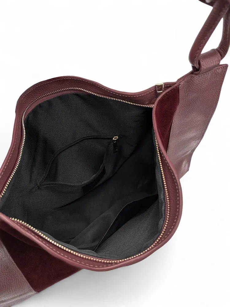 Grand sac porté épaule en daim et cuir grainé KNOT Bordeaux