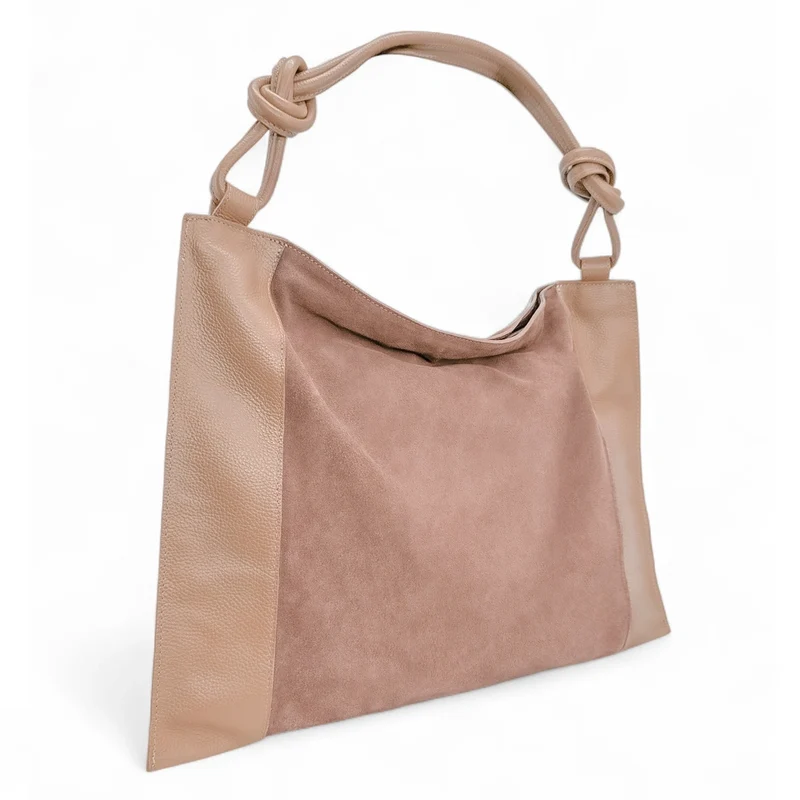 Grand sac porté épaule en daim et cuir grainé KNOT Rose nude