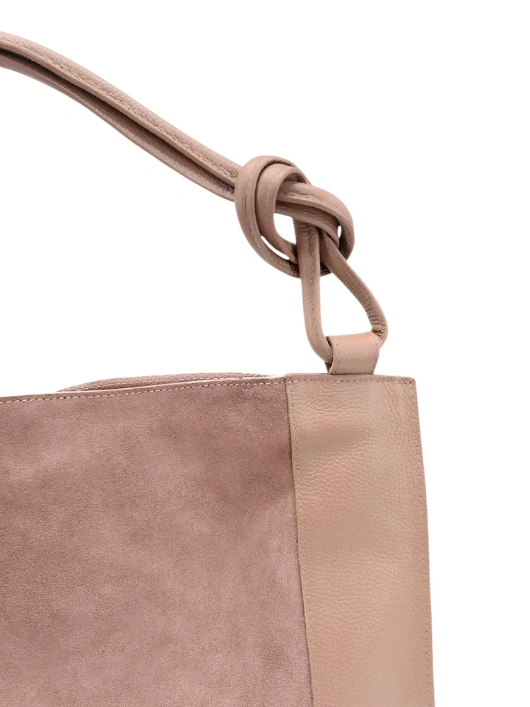 Grand sac porté épaule en daim et cuir grainé KNOT Rose nude