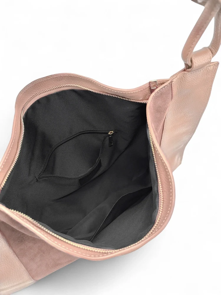 Grand sac porté épaule en daim et cuir grainé KNOT Rose nude