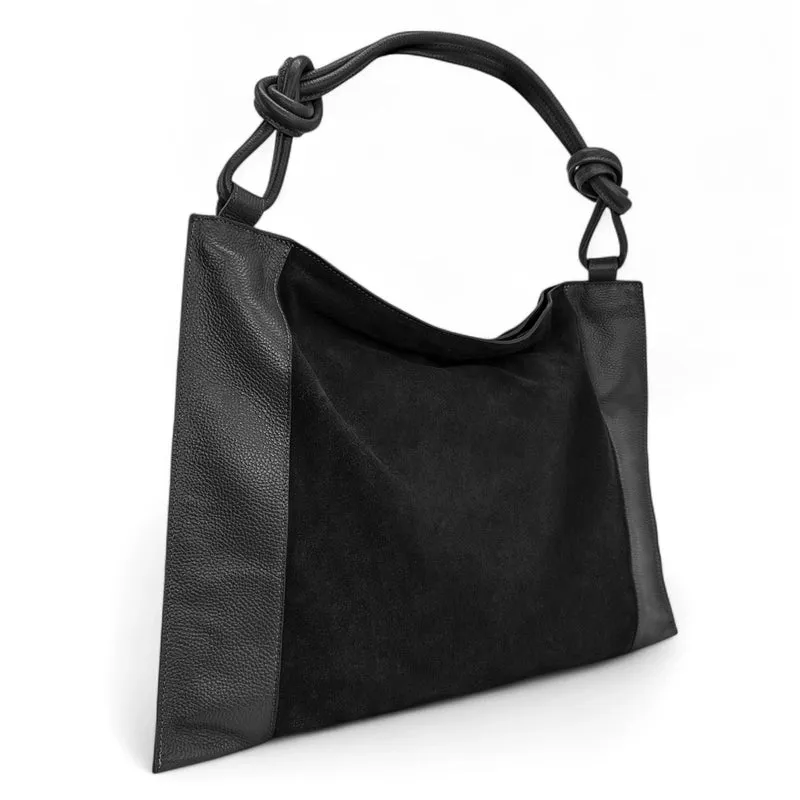 Grand sac porté épaule en daim et cuir grainé KNOT Noir