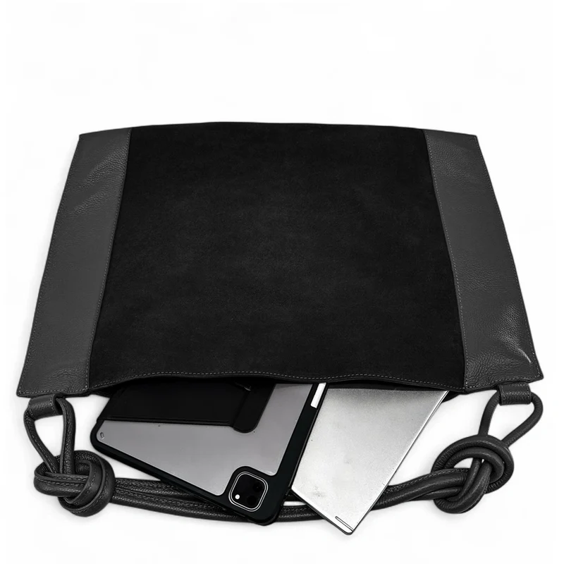 Grand sac porté épaule en daim et cuir grainé KNOT Noir