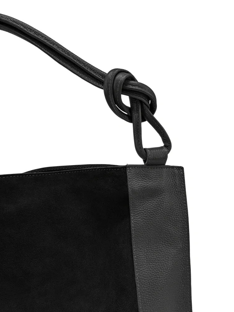 Grand sac porté épaule en daim et cuir grainé KNOT Noir