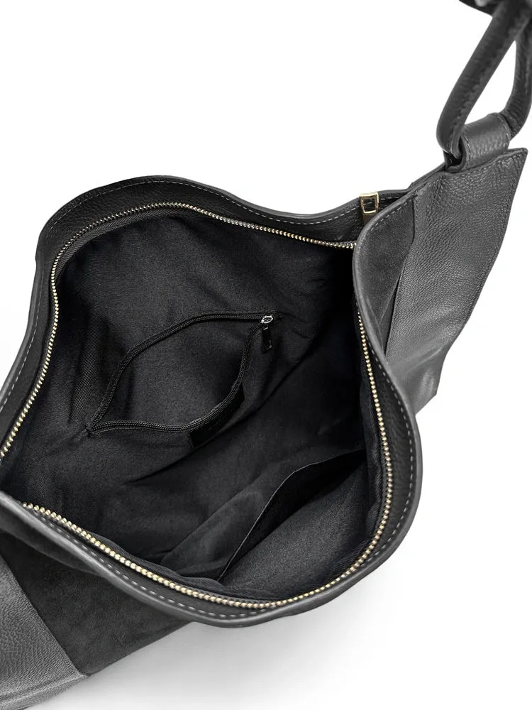 Grand sac porté épaule en daim et cuir grainé KNOT Noir