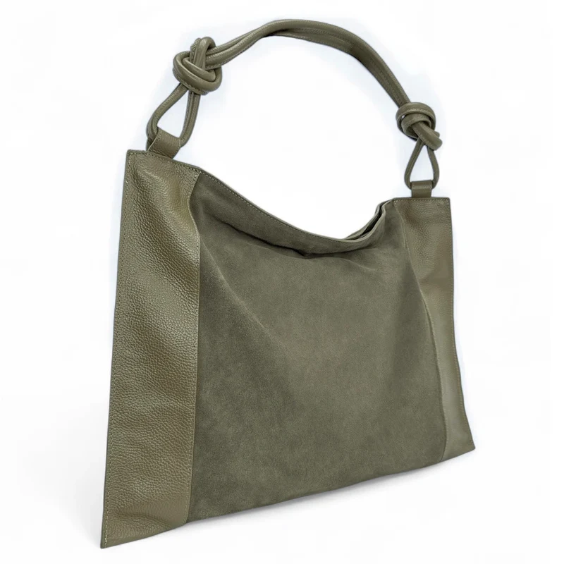 Grand sac porté épaule en daim et cuir grainé KNOT Kaki
