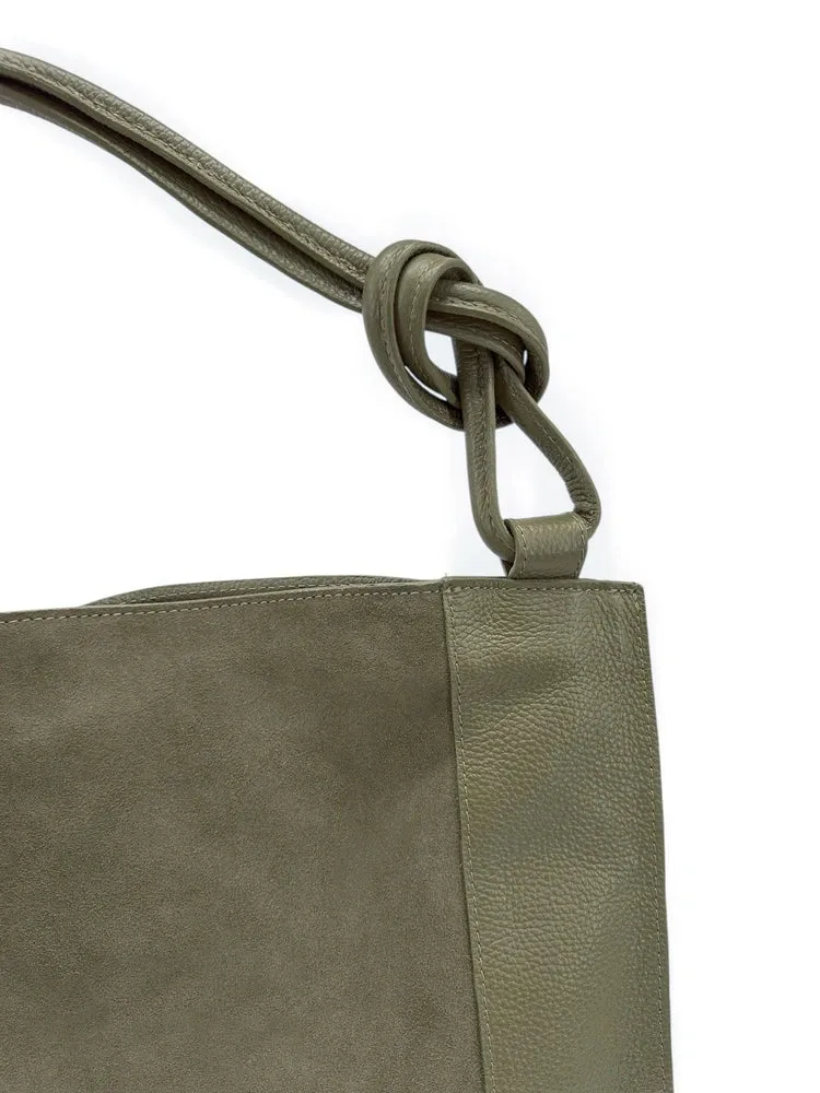 Grand sac porté épaule en daim et cuir grainé KNOT Kaki