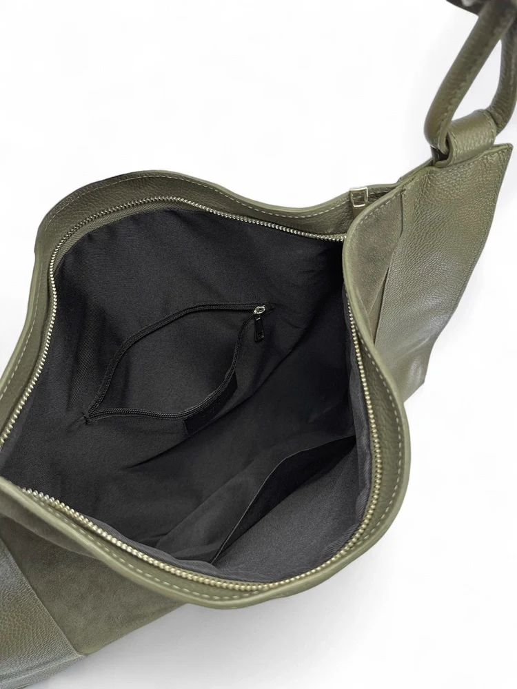 Grand sac porté épaule en daim et cuir grainé KNOT Kaki