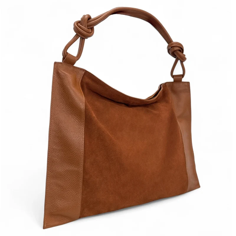 Grand sac porté épaule en daim et cuir grainé KNOT Camel foncé