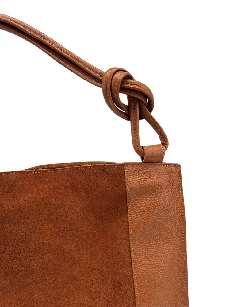 Grand sac porté épaule en daim et cuir grainé KNOT Camel foncé
