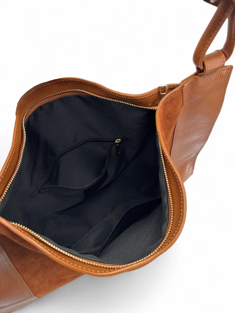 Grand sac porté épaule en daim et cuir grainé KNOT Camel foncé