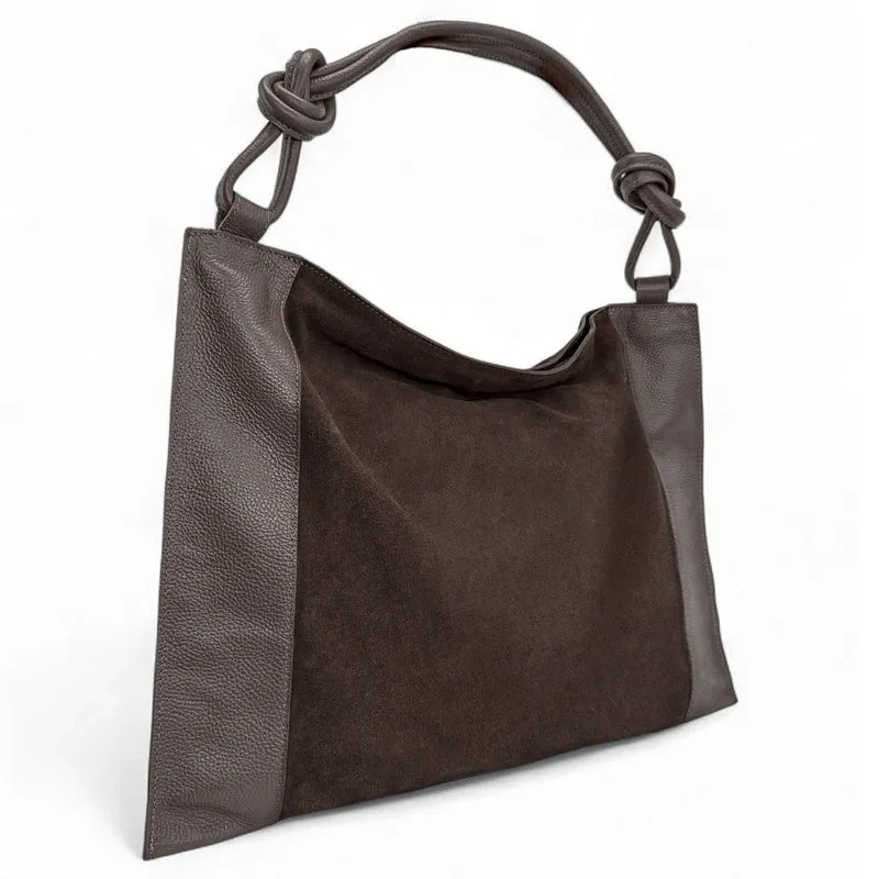 Grand sac porté épaule en daim et cuir grainé KNOT Chocolat