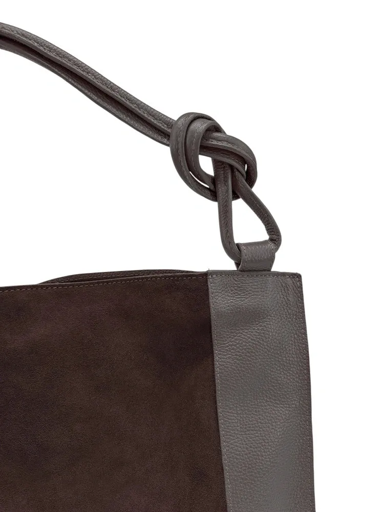Grand sac porté épaule en daim et cuir grainé KNOT Chocolat
