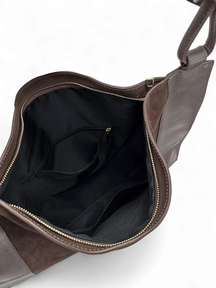Grand sac porté épaule en daim et cuir grainé KNOT Chocolat