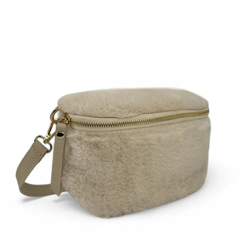 Sac banane en cuir et fausse fourrure LOU KITTY Beige crème