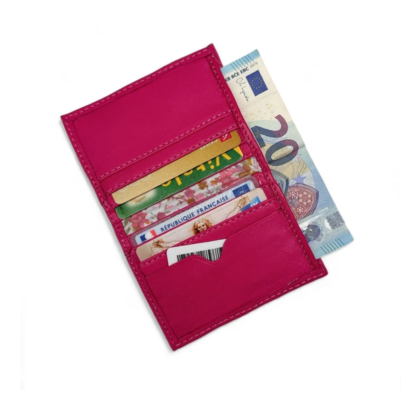 Porte-cartes en cuir lisse IMPRESSION Rose fuchsia