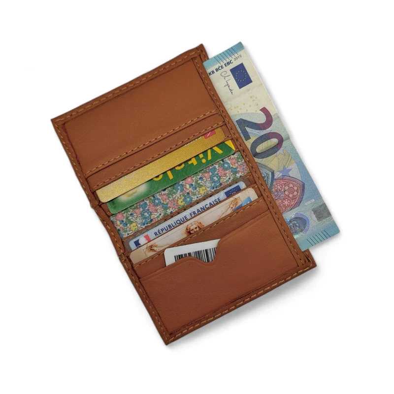 Porte-cartes en cuir lisse IMPRESSION Camel foncé