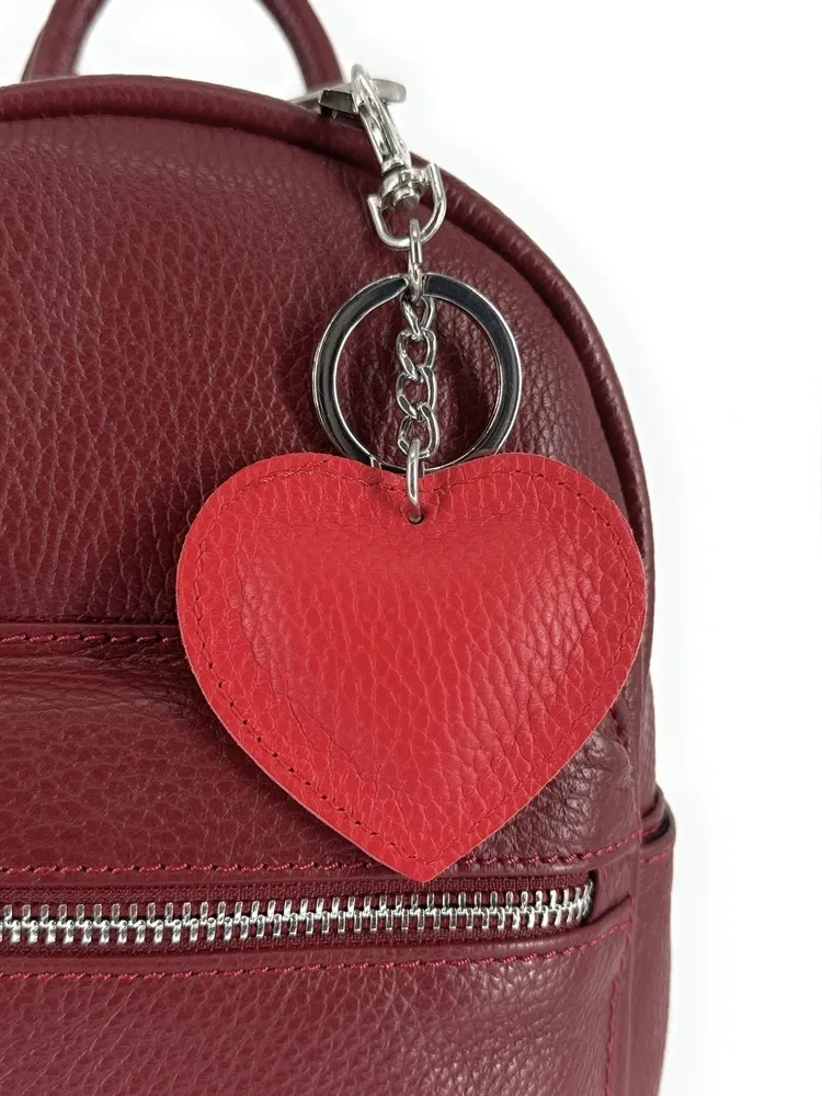 Porte-clés en cuir grainé COEUR SILVER Rouge garance