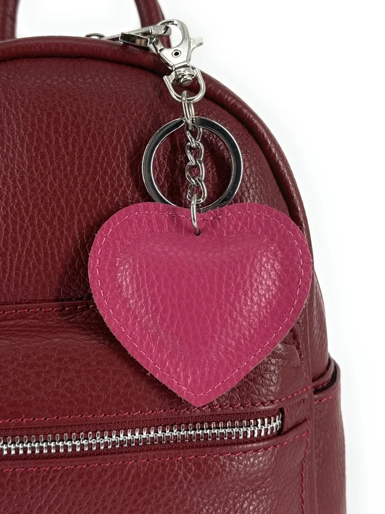 Porte-clés en cuir grainé COEUR SILVER Rose intense