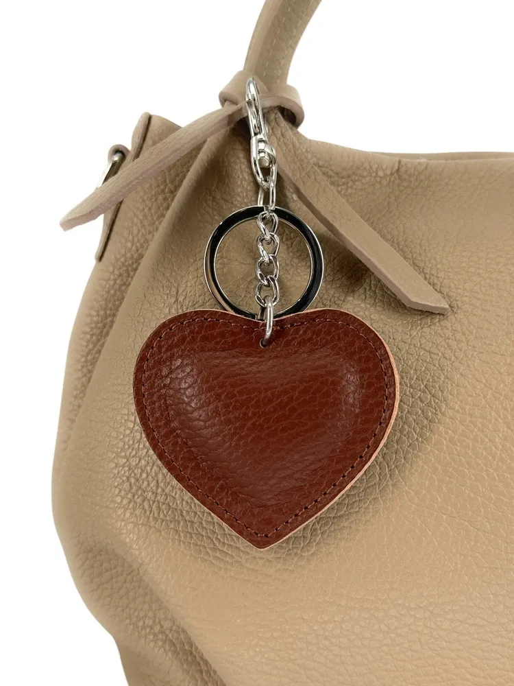 Porte-clés en cuir grainé COEUR SILVER Marron Châtaigne