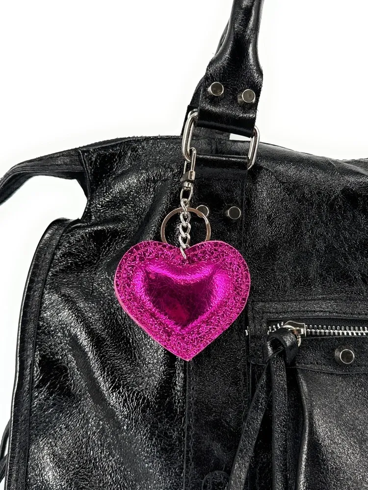 Porte-clés en cuir irisé COEUR GLOW Fuchsia irisé