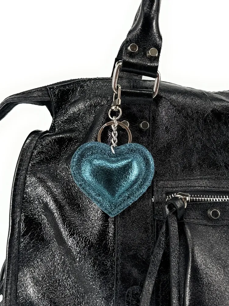 Porte-clés en cuir irisé COEUR GLOW Bleu canard irisé