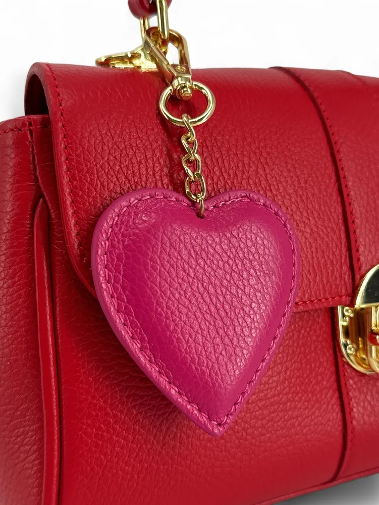 Porte-clés en cuir grainé COEUR Rose fuchsia