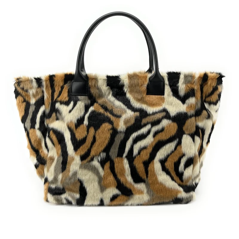 Sac cabas shopping XL en fausse fourrure et cuir TABBY Camel