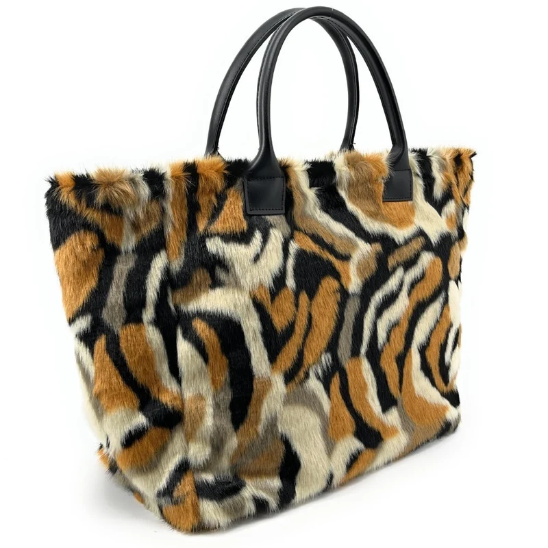 Sac cabas shopping XL en fausse fourrure et cuir TABBY Camel