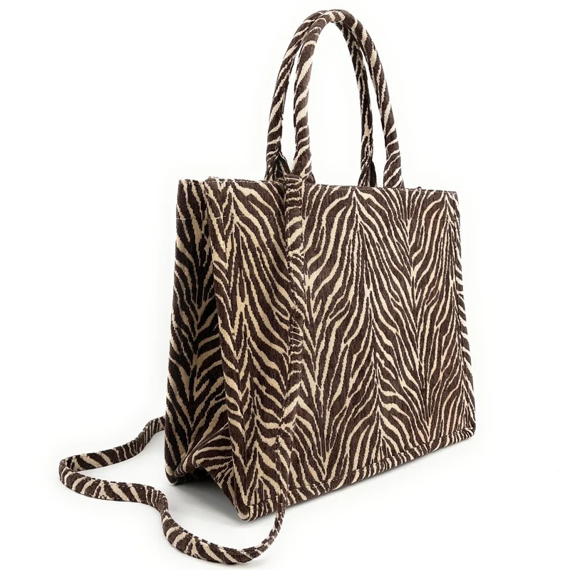Grand sac cabas rigide en velours tissé ZEBRA Chocolat