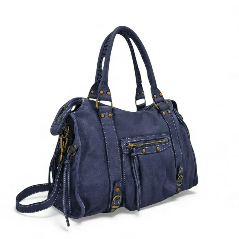 Sac à main en cuir vintage MISS STORM Bleu profond