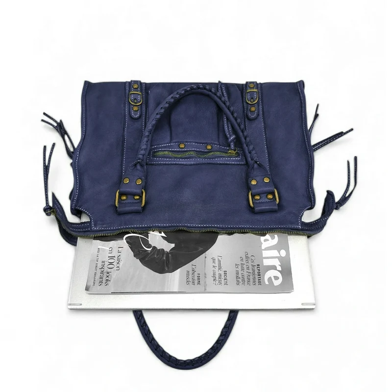 Sac à main en cuir vintage MISS STORM Bleu profond