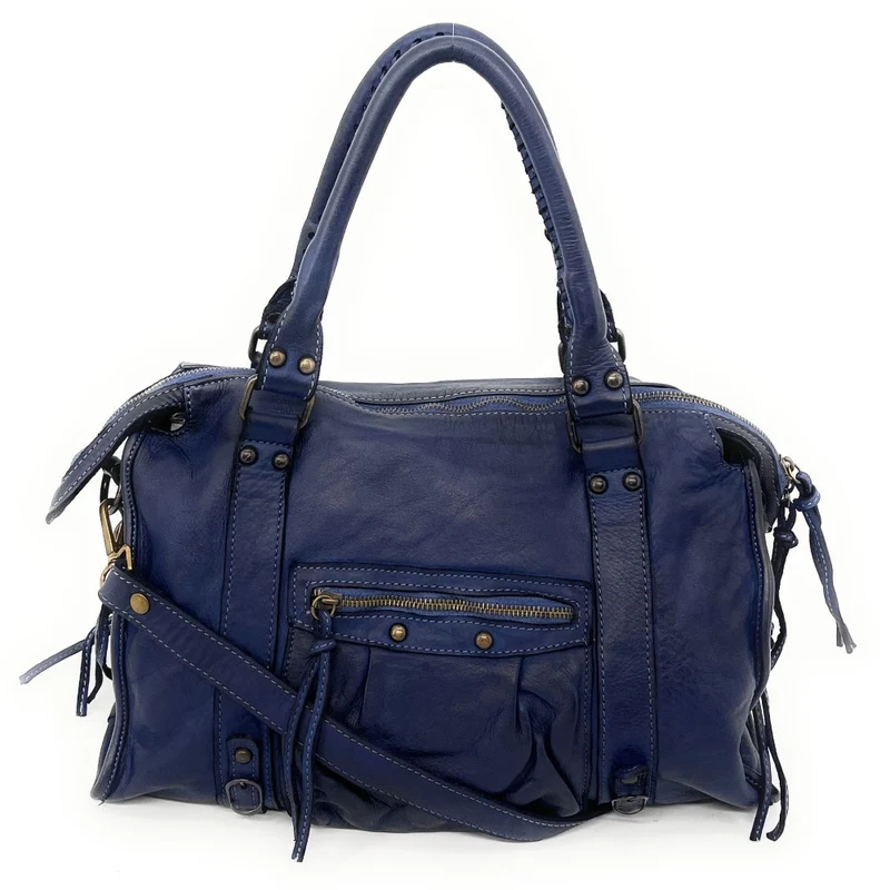 Sac à main en cuir vintage MISS STORM Bleu marine