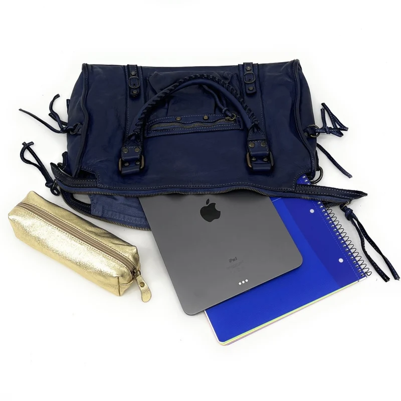 Sac à main en cuir vintage MISS STORM Bleu marine