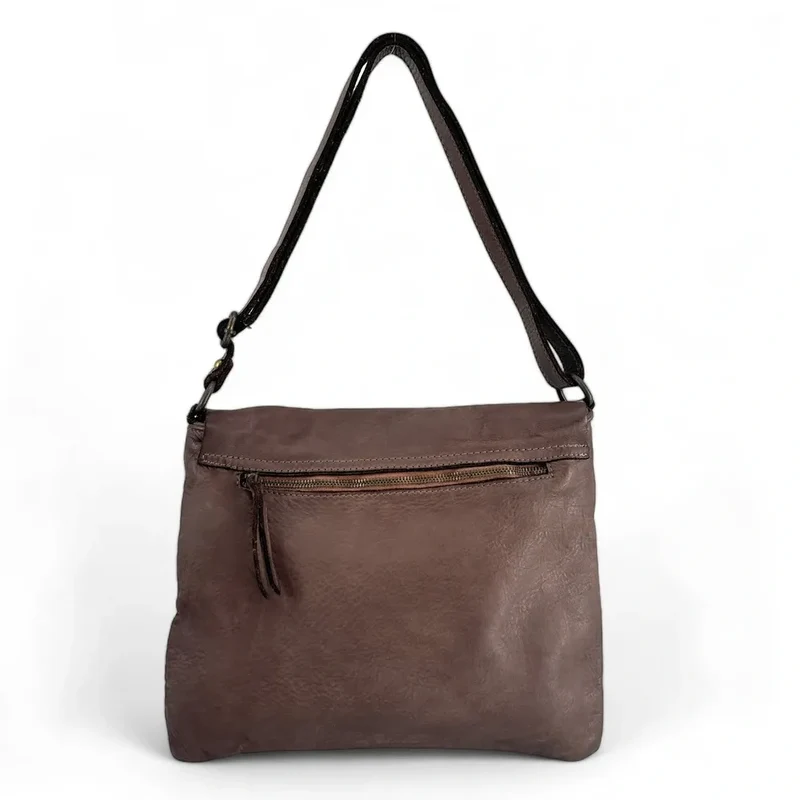 Sac besace à bandoulière en cuir vintage MISS COQUETTE Taupe foncé