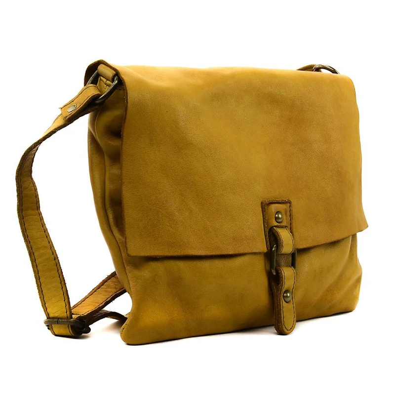 Sac besace à bandoulière en cuir vintage MISS COQUETTE Jaune Moutarde