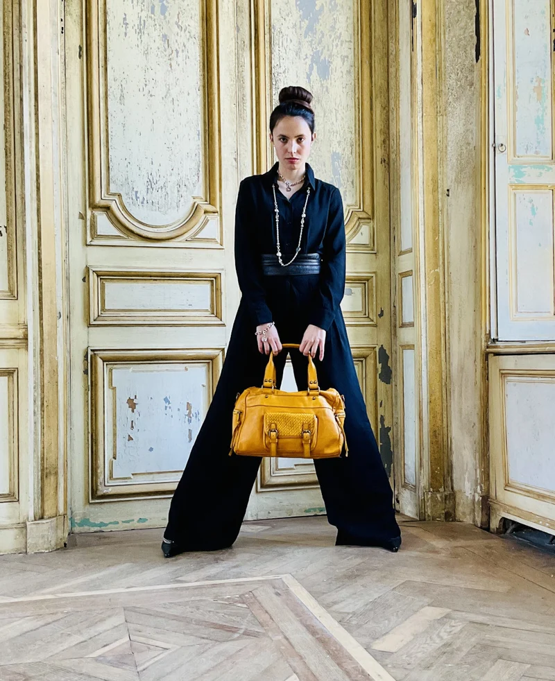 Sac en cuir vintage MISS EUGENIE Jaune Moutarde