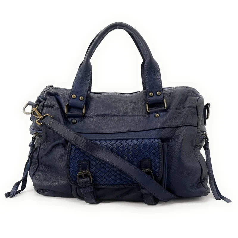 Sac en cuir vintage MISS EUGENIE Bleu marine
